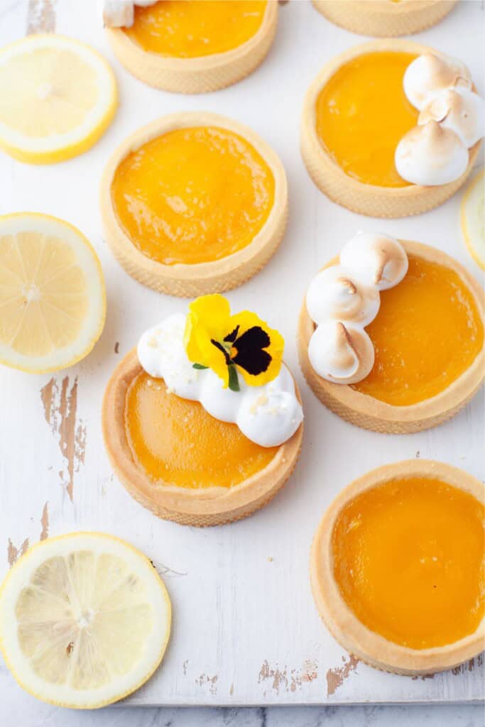 overhead view of lemon meringue mini tarts