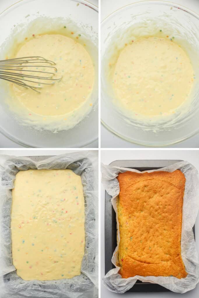 Overhead view of viral dot cake process steps
