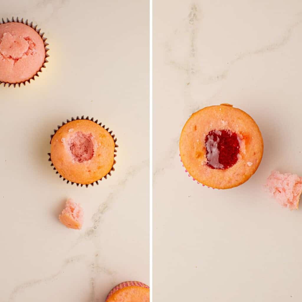 Cored champagne cupcakes ready for strawberry filling. Champagne cupcake filled with strawberry filling before frosting.
