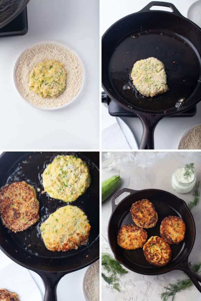 zucchini patties process frying in a frying pan