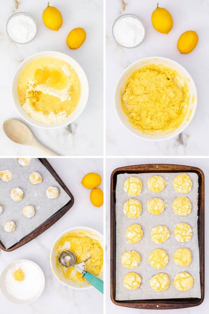 overhead view of lemon crinkle cookies process steps