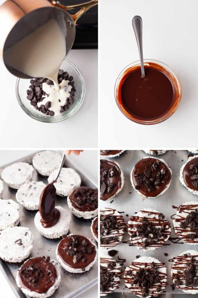 Making chocolate ganache and adding it to top of mini Oreo cheesecake bites