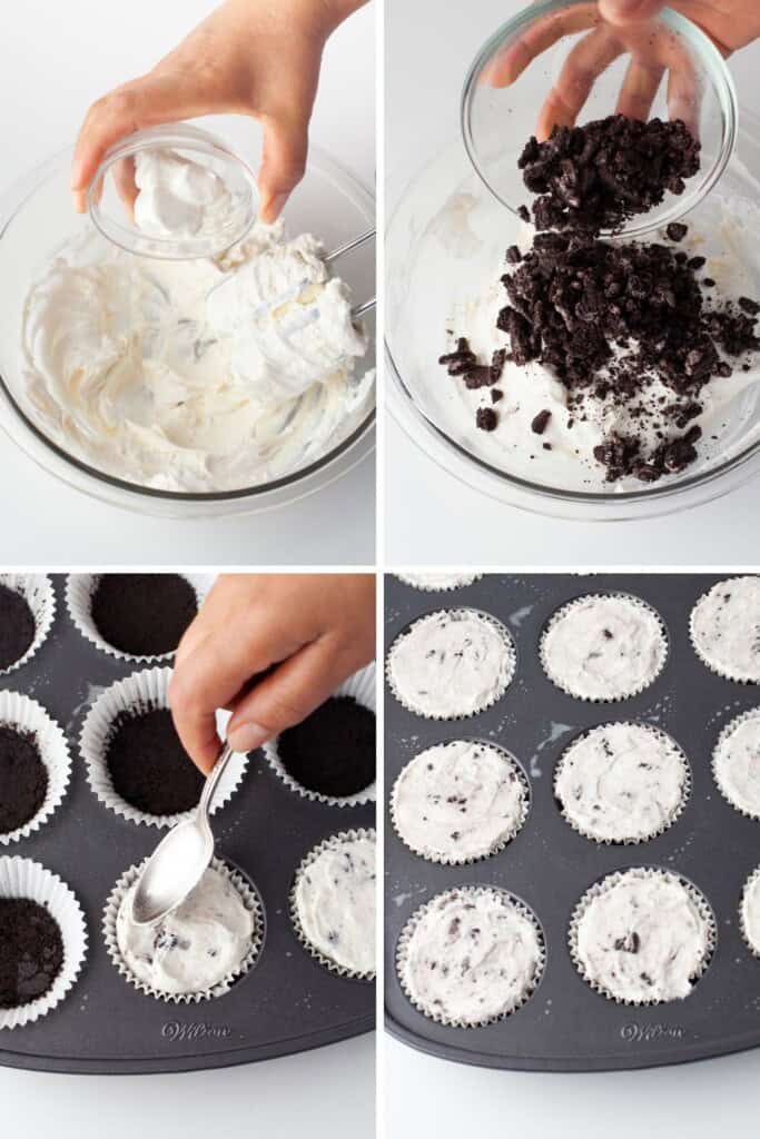 making Oreo cheesecake filling and adding it to crusts in a muffin pan