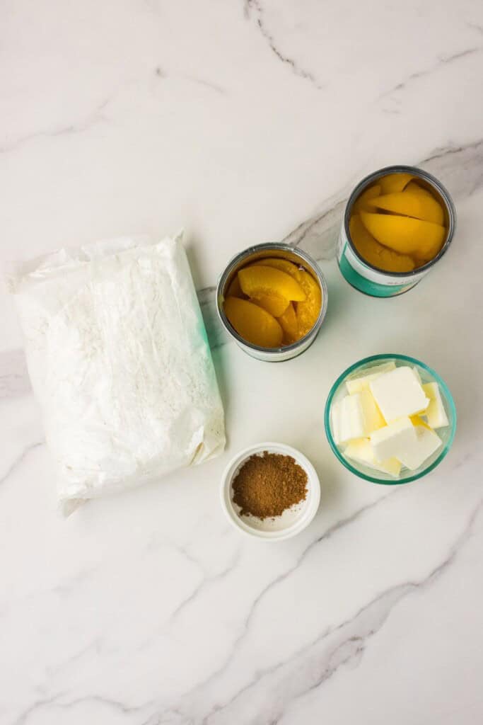 canned peaches cake mix butter and cinnamon for peach dump cake