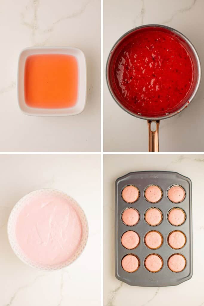 pink champagne cupcakes process from champagne reduction to baked strawberry cupcake