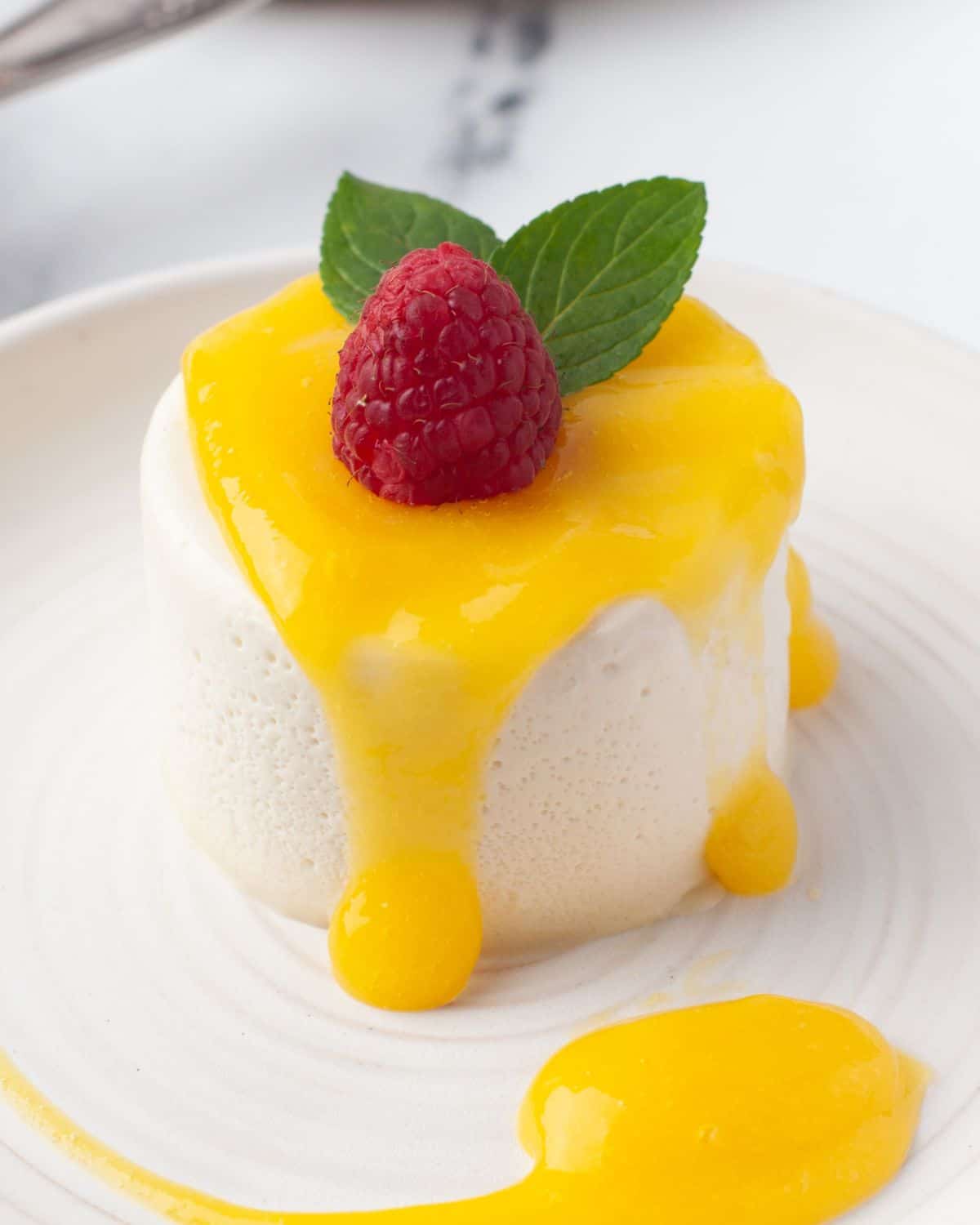Panna Cotta with mango sauce on a white plate