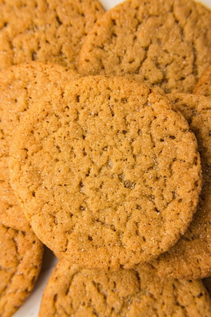 Close-up of the crackled cinnamon sugar top of a baked apple cider snickerdoodle